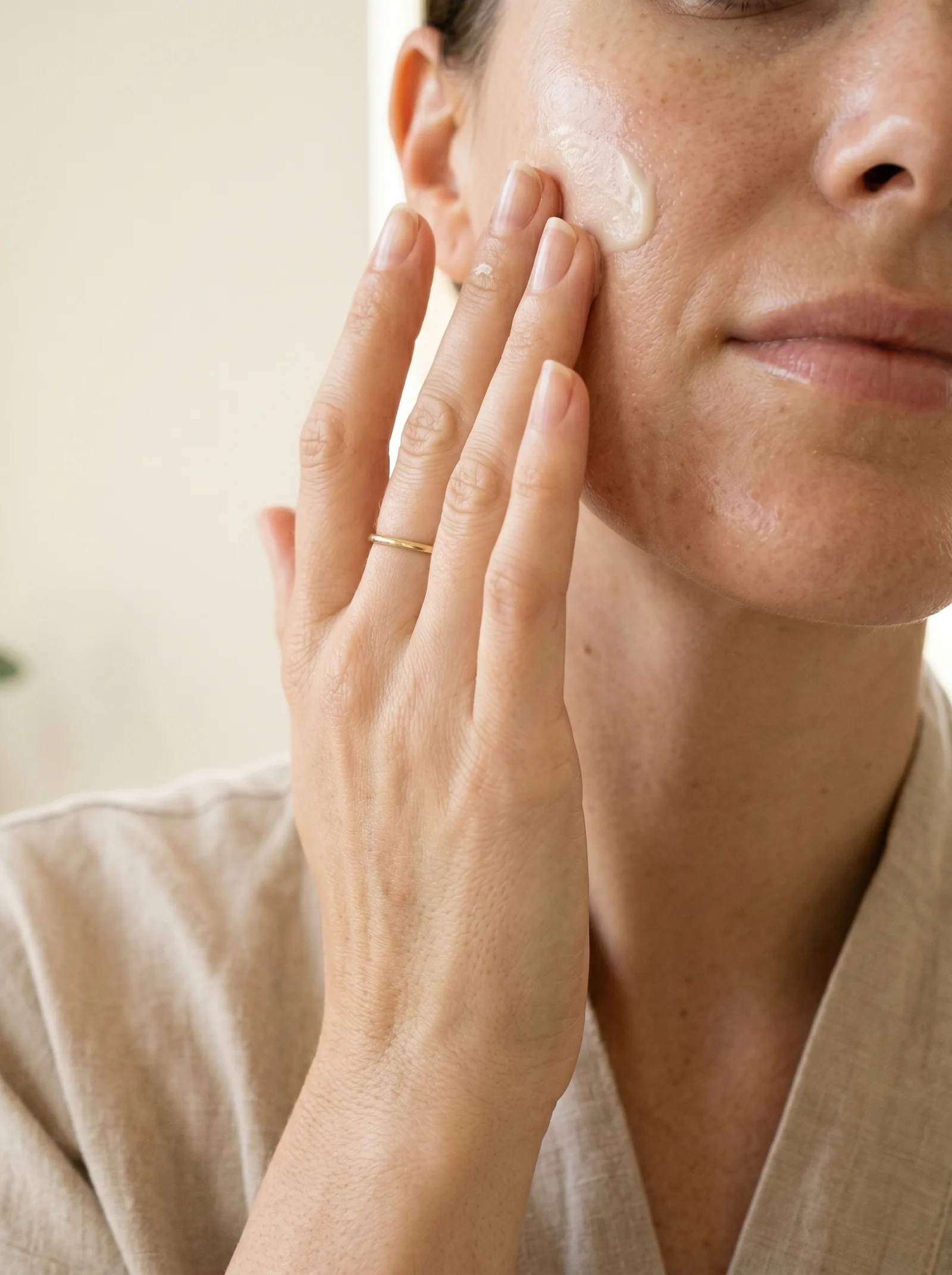 A woman applying Relieve skincare during her calm morning routine