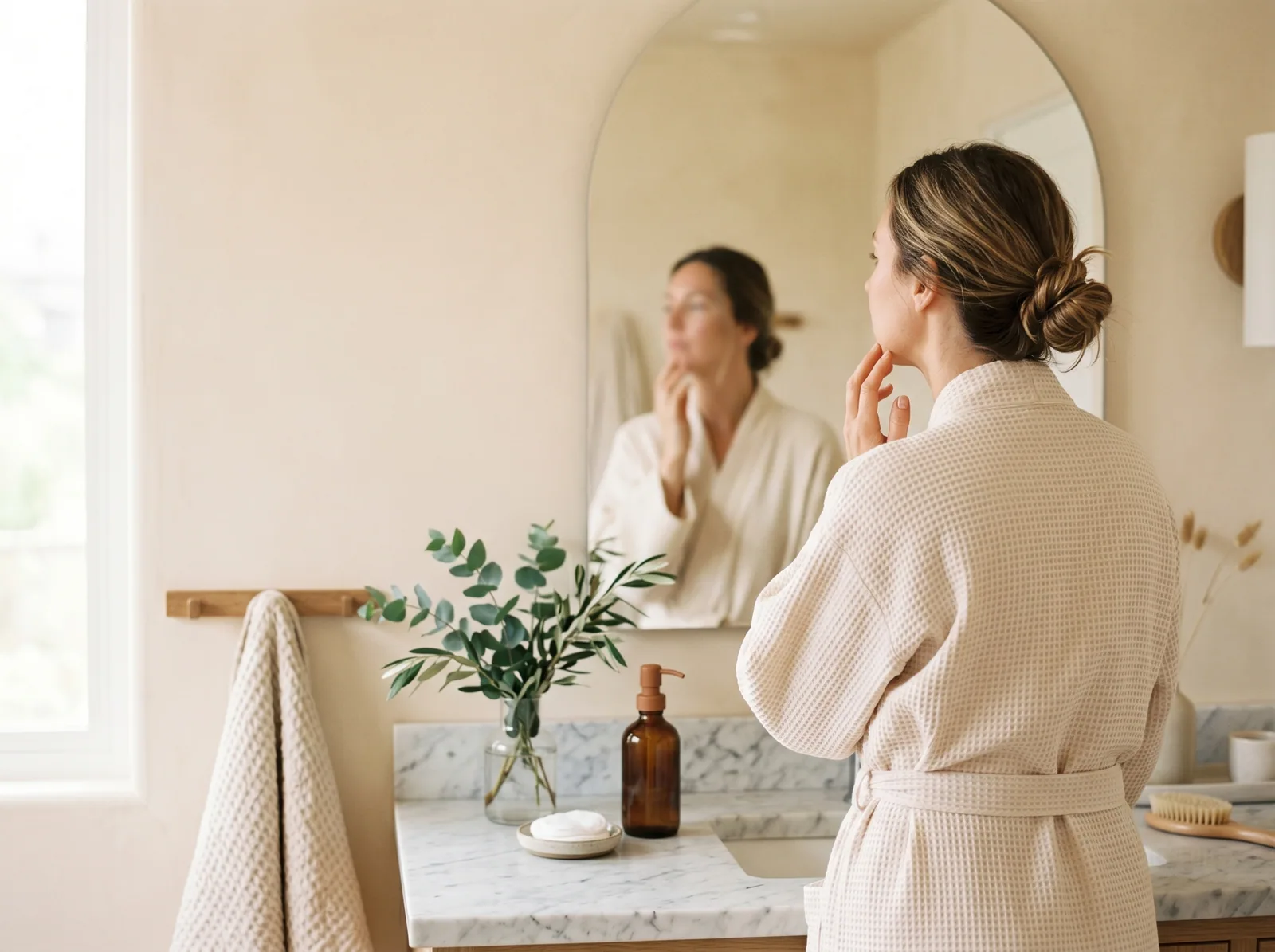 A woman at a cream marble vanity during her calm morning skincare ritual